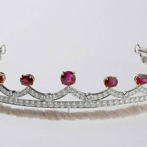 Handmade Sterling Silver Ruby Bridal Tiara: Zircon American Diamond Crown