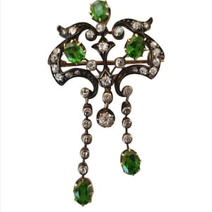 Victorian Rose cut Diamond And Emerald Silver Brooch And Pendant