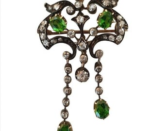 Victorian Rose cut Diamond And Emerald Silver Brooch And Pendant