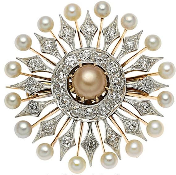 Handmade Sterling Silver Brooch: American Diamond & Pearl, Antique Gold Finish