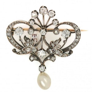 Victorian Rose cut Diamond and pearl Silver Brooch