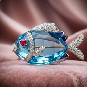 Könnte beinhalten: Fischförmige Brosche mit einem facettierten, hellblauen Körper. Die Brosche hat ein rotes Edelsteinauge, silberfarbene Flossen und ist mit kleinen, klaren Edelsteinen besetzt. Der Hintergrund ist ein weicher, rosa Stoff.