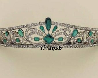 Diademi nuziali, corona / diamanti con taglio a rosa e diademi di smeraldi / corona, purezza d'argento 92,5, diademi / corona di smeraldi fatti a mano