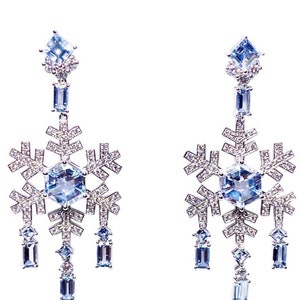 Dramatic Zircon and aquamarine Snowflake Earrings, Handmade Snowflake Earrings /Christmas Earrings/ Zircon Earrings