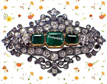 Antique Victorian Rose cut Diamond And Emerald , 92.5% Sterling Silver Brooch / Silver handmade Brooch