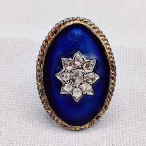 Antique Rose cut diamonds and Silver blue Enamel Ring/Georgian Ring