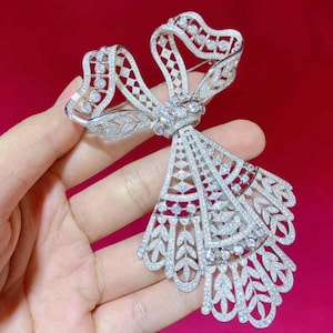 Victorian American Diamond Bow Silver Brooch/ Stylish Bow brooch /Wedding Zircon Brooch