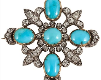 Victorian Rose cut Diamond And Turquoise Silver Brooch And Pendant