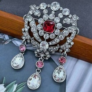 Royal American Diamond And and  Rubies Silver Brooch/ Stylish brooch /Royal Zircon and Red Ruby Brooch