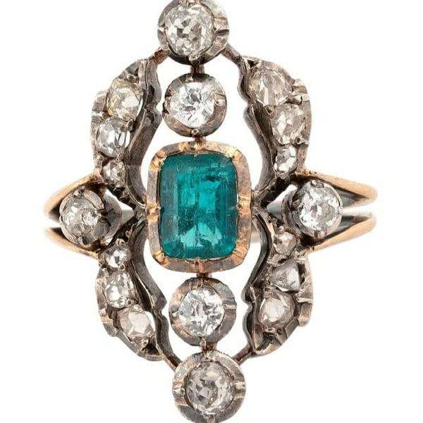 Antique Victorian Emerald and Diamond Cluster Ring