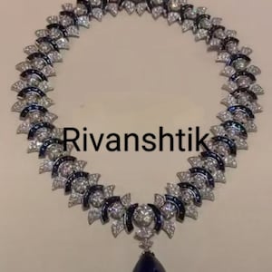 American Diamonds and Blue sapphire Necklace, Beautiful Zircon and Blue sapphire handmade necklace in silver