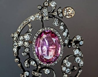Spilla e ciondolo in tormalina rosa vittoriana taglio diamante e argento rosa