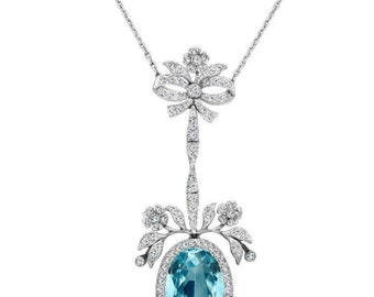 Victorian Aquamarine Rose cut Diamond And Silver pendant / Handmade Aquamarine pendant/Bow style pendant