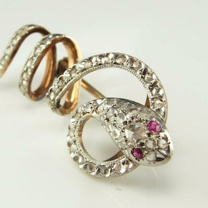 Victorian Rose cut Diamond And Snake Silver Ruby Brooch