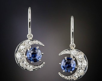 Crescent Rose cut Diamond  and Blue sapphire Earrings, Handmade moon Earrings /Wedding Earrings/ Blue sapphire earrings