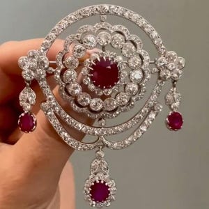 Royal American Diamond And and  Rubies Silver Brooch/ Stylish brooch /Royal Zircon and Ruby Brooch