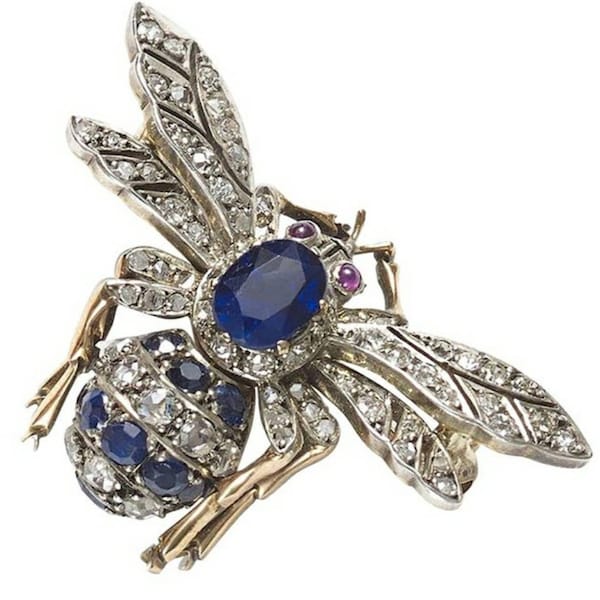 Antique Victorian Sapphire Ruby Diamond And Silver Bee Brooch