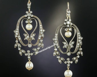 Beautiful Rose cut Diamond Pearl Earrings,Sterling Silver Handmade Earrings/ Wedding Earrings