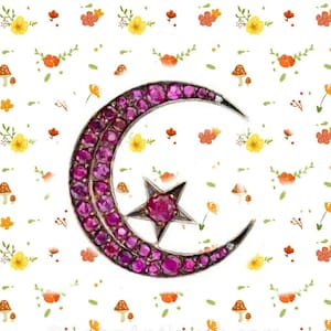 May include: A silver crescent moon and star pendant with pink gemstones. The pendant is set against a white background with a floral pattern.