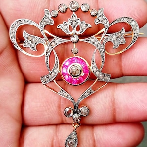 Victorian Rose cut Diamond And Ruby Silver Brooch