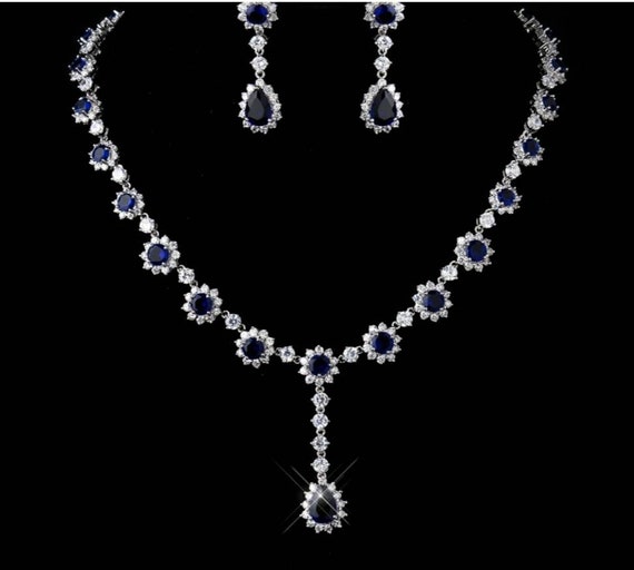 Jewelili Zirconia Ring, Necklace Pendant and Stud Earrings Jewelry Set with  Cushion Created Blue Sapphire in Sterling Silver