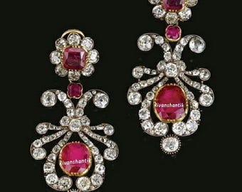 Dramatic American Diamond And Ruby Handmade Earrings/Sterling Silver Ruby Zircon Earrings/ Wedding Earrings
