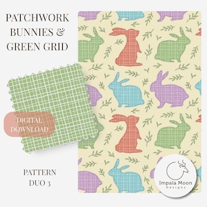 May include: A digital pattern duo with a green grid and a bunny design. The bunny pattern features colorful bunnies in red, blue, green, and purple on a cream background. The text reads "Patchwork Bunnies & Green Grid" and "Digital Download".