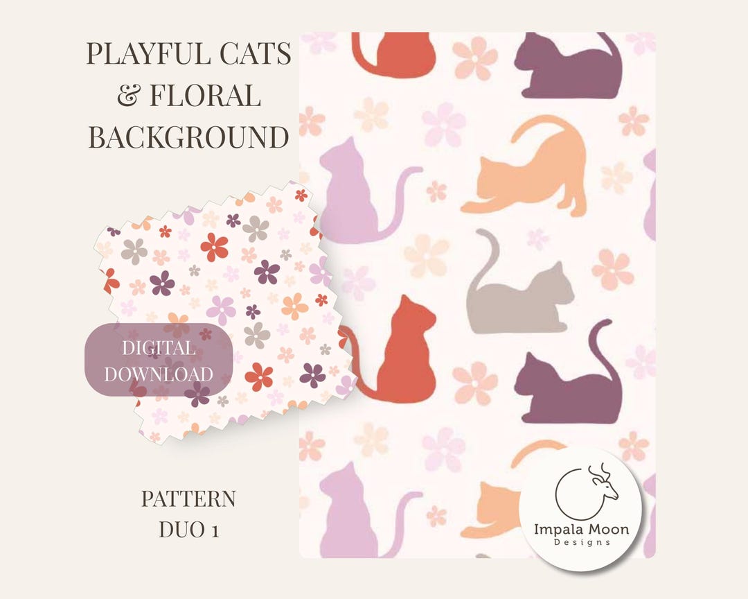 Playful Cat Pattern Playful Cats and Floral Background, Seamless Patterns, Commercial Use ...