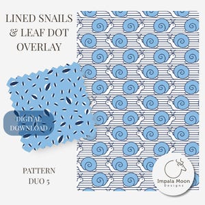 Può includere: Un duo di motivi digitali con un design di lumache blu e bianche su sfondo a righe e una sovrapposizione di punti di foglie blu. Il testo recita "Lined Snails & Leaf Dot Overlay", "Digital Download" e "Pattern Duo 5". È visibile anche il logo Impala Moon Designs.