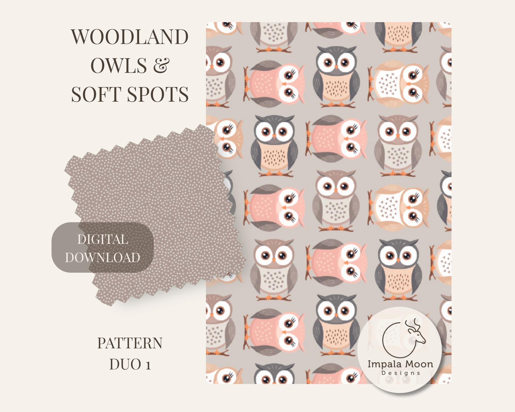 Woodland Owls & Soft Spots &ndash; Taupe and Blush Owl Pattern, Neutral Dots, Seamless patterns,