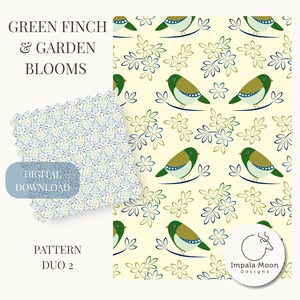 May include: Digital pattern duo featuring a repeating design of green finches perched on branches with olive-green and blue leaves and flowers. The text "GREEN FINCH & GARDEN BLOOMS" and "DIGITAL DOWNLOAD" are visible. The pattern is by Impala Moon Designs.