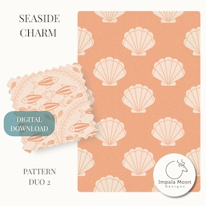 May include: A digital pattern duo featuring a seashell design on a peach background and a fish pattern on a circular shape. The text "SEASIDE CHARM", "DIGITAL DOWNLOAD", and "PATTERN DUO 2" are also visible.