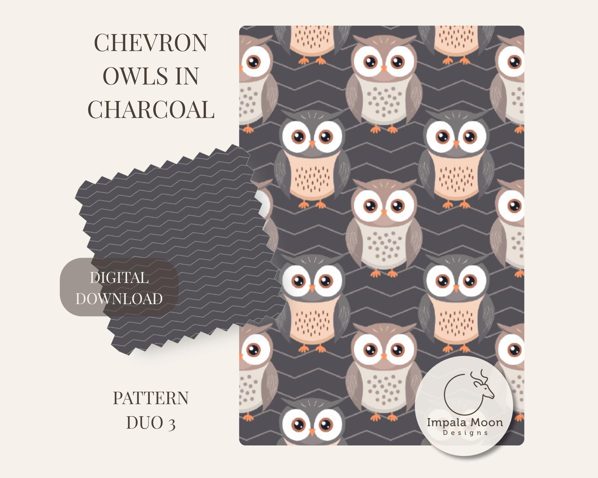 Chevron Owls in Charcoal &ndash; Graphic Owl Design and Grey Zigzag, Seamless Patterns, Commercial U