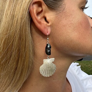 Sterlings silver black baroque pearl dangle sea shell earrings. Woman female girl earrings.st Valentines day for her. ocean sea jewelry.