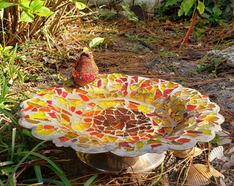 Small glass mosaic, flower birdbath, metal tabletop feeder