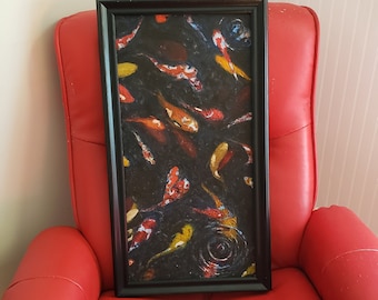 Koi Fish art, large original oil painting, framed