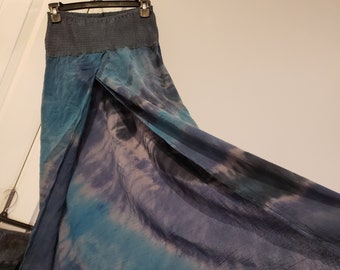 long slit front skirts, S/M, stretch smocked waist, tie dye, cotton gauze swim cover ups