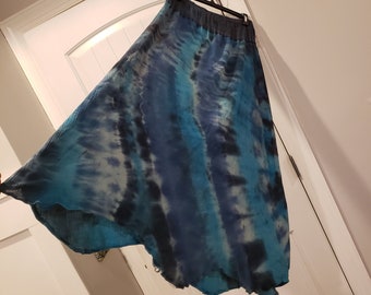 long gauze skirt, tie dye, M/L, smocked stretch waist, cotton maxi