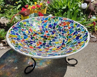 Mosaic stained glass bird bath, tabletop