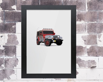May include: Framed print featuring a cartoon illustration of a red, gray, and tan Jeep. The Jeep has a light bar on the roof and red wheels. The artwork is set against a white background within a black frame.