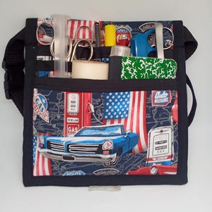 Cars, retro,red,white,blue, vet tech hip pouch,Hip Organizer Bag,Hip Pack, Nurse tool pack, Pouch 6 pocket RN Scrub Pocket, Nurse UtilityBag