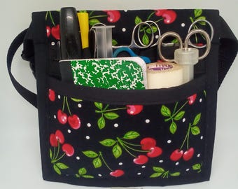 Red cherries print Nurse vet tech organizer 6 pocket, Vet Tech Hip Pack, Nurse tool pack, Art Marker Pouch, RN Scrub Pocket, Utility Bag