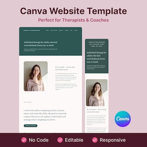 以下が含まれることがあります： セラピストとコーチ向けのCanvaウェブサイトテンプレート。デザインは、女性の写真とティールと白の配色が特徴です。「圧倒され、燃え尽き、行き詰まりを感じている大人のための個別セラピー」というテキストが含まれています。