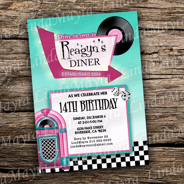 Digital Invitation Retro fifties | 50's | Rockabilly | Birthday Pink  NOT INSTANT