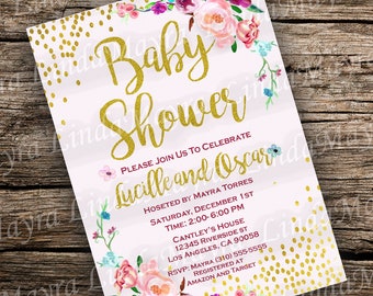 Digital Invitation Elegant Baby Shower Floral Gold Rustic Pink NOT INSTANT