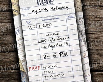 Digital Invitation Library Card Birthday Bookworm Theme - NOT INSTANT