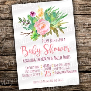 Digital Invitation Elegant Baby Shower Floral Gold Cactus | Succulent |  Pink  NOT INSTANT