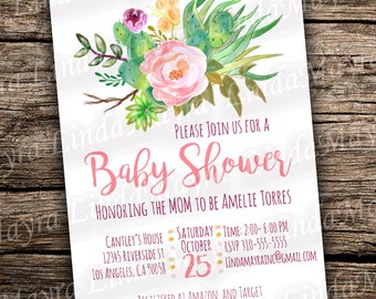 Digital Invitation Elegant Baby Shower Floral Gold Cactus | Succulent |  Pink  NOT INSTANT