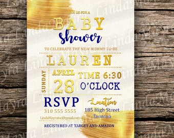 Digital Invitation Gold Blue Modern Baby ShowerTheme - NOT INSTANT