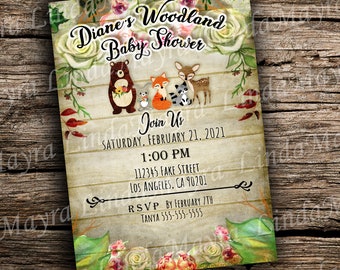 Digital Invitation Wild Animals Baby Shower Gold Pink  NOT INSTANT | Forest theme | Woodland Animals | Deer